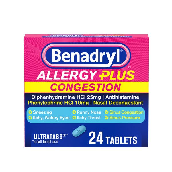 Benadryl Allergy Plus Congestion Ultratabs, Allergy Medicine with Diphenhydramine HCl Antihistamine & Phenylephrine HCl Nasal Decongestant, Allergy & Sinus Congestion Relief Tablets, 24 ct - Green Basket Marco Island