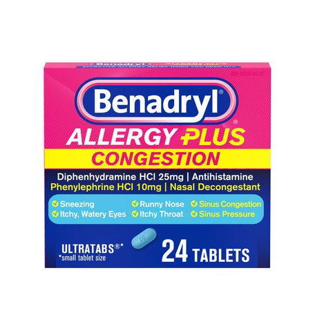 Benadryl Allergy Plus Congestion Ultratabs, Allergy Medicine with Diphenhydramine HCl Antihistamine & Phenylephrine HCl Nasal Decongestant, Allergy & Sinus Congestion Relief Tablets, 24 ct - Green Basket Marco Island