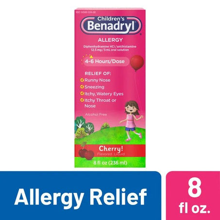 Benadryl Children's Allergy Relief Liquid, Cherry Flavor 8 fl oz - Green Basket Marco Island