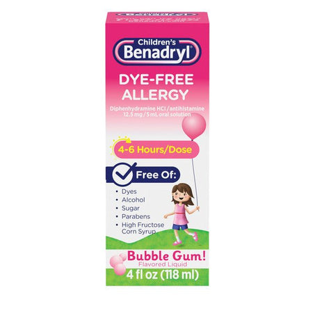 Benadryl Dye - Free Allergy Liquid Medication with Diphenhydramine HCl, Antihistamine Allergy Relief Medication for Kids, Dye - Free, Alcohol - Free, Bubble Gum Flavor, 4 fl. oz - Green Basket Marco Island