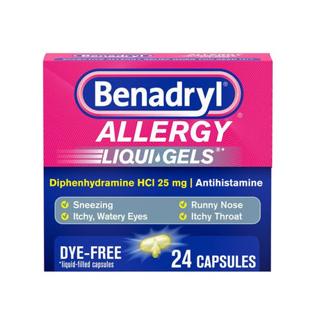 Benadryl Liqui - Gels Antihistamine Allergy Medicine & Cold Symptom Relief, Dye - Free Liquid Gels with 25 mg 24 ct - Green Basket Marco Island