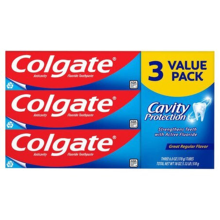 Colgate Cavity Protection Toothpaste with Fluoride, Great Regular Flavor - 6 Ounce (3 pack) - Green Basket Marco Island