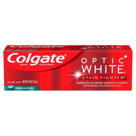 Colgate Optic White Stain Fighter Fresh Mint Gel Whitening Toothpaste 4.2 oz - Green Basket Marco Island