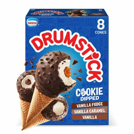 Drumstick Cookie Dipped Vanilla, Vanilla Fudge and Vanilla Caramel Ice Cream Sundae Cone 8 ct - Green Basket Marco Island