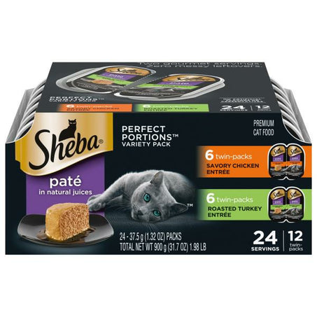 SHEBA PERFECT PORTIONS Wet Cat Food Pate Variety Pack Savory Chicken & Roasted Turkey, 24 count
