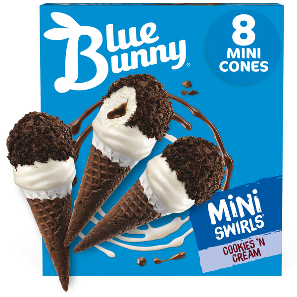Blue Bunny Mini Swirls Cookies 'N Cream Cones, Frozen Dessert 8 ct