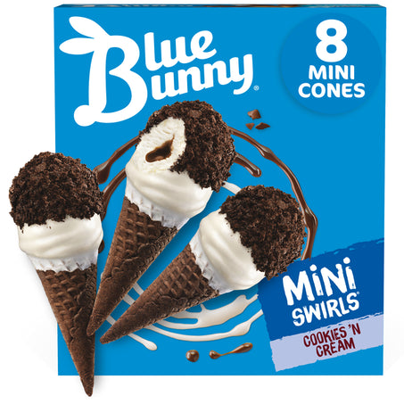 Blue Bunny Mini Swirls Cookies 'N Cream Cones, Frozen Dessert 8 ct