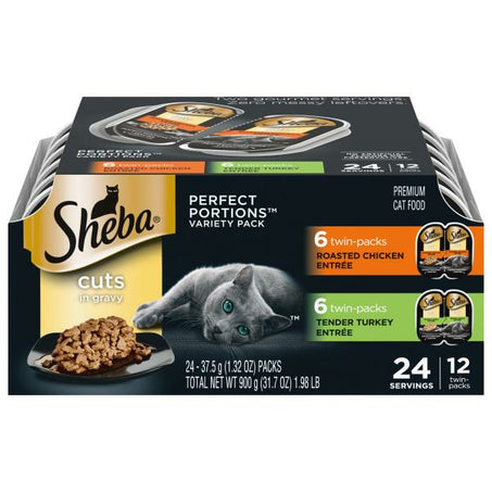 SHEBA PERFECT PORTIONS Wet Cat Food Cuts in Gravy Variety Pack Chicken and Turkey, 24 count