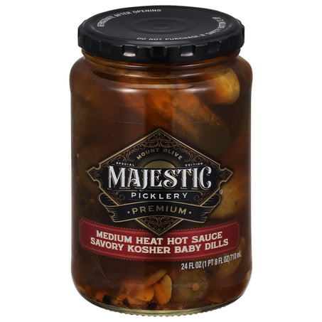 Mt. Olive Pickles, Medium Heat Hot Sauce, Savory Kosher Baby Dills, Premium 24 fl oz