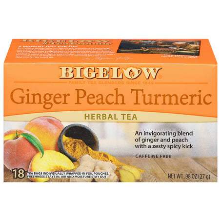 Bigelow Herbal Tea, Caffeine Free, Ginger Peach Turmeric, Tea Bags 18 ct