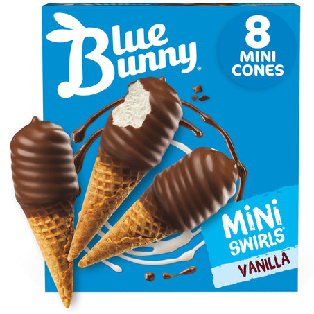 Blue Bunny Mini Swirls Vanilla Cones, Frozen Dessert 8 ct