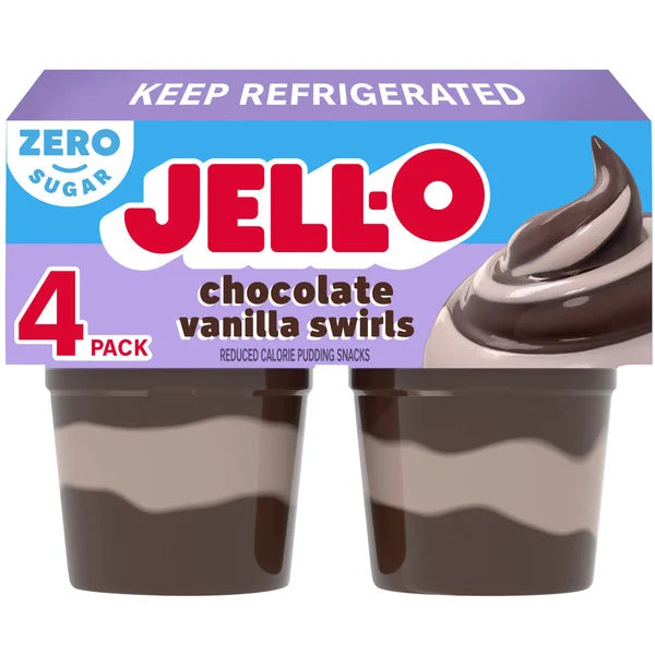Jell-O Chocolate Vanilla Swirls Sugar Free Refrigerated Pudding Cup Snacks Value Pack • 4 x 3.88 oz