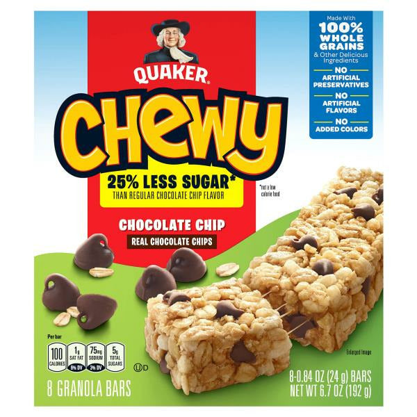 Quaker Granola Bars, Chocolate Chip Less Sugar • 8 x 0.73 oz