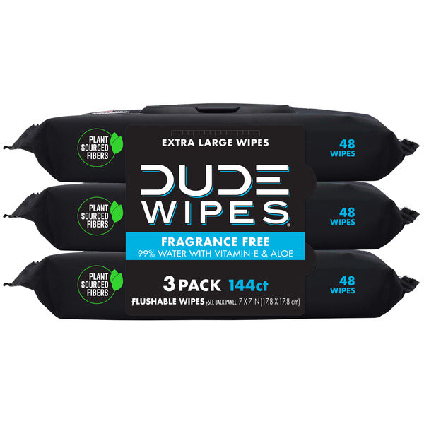 DUDE Wipes Flushable Wipes, Fragrance Free, Extra Large 48 ct • 3 pack