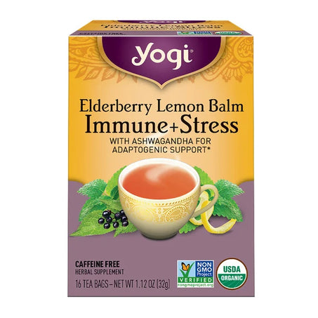 Yogi Tea Herbal Tea, Elderberry Lemon Balm Immune + Stress Tea, Caffeine Free 16 ct
