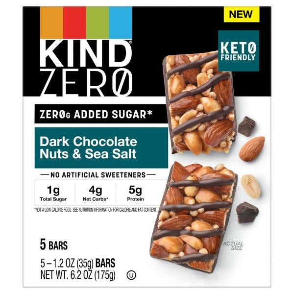 KIND ZEROg Added Sugar Bars, Dark Chocolate Nuts and Sea Salt, (5 Bars)