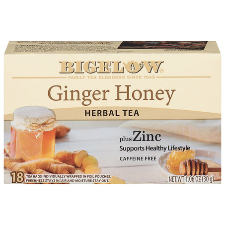 Bigelow Herbal Tea, Plus Zinc, Caffeine Free, Ginger Honey, Tea Bags 18 ct