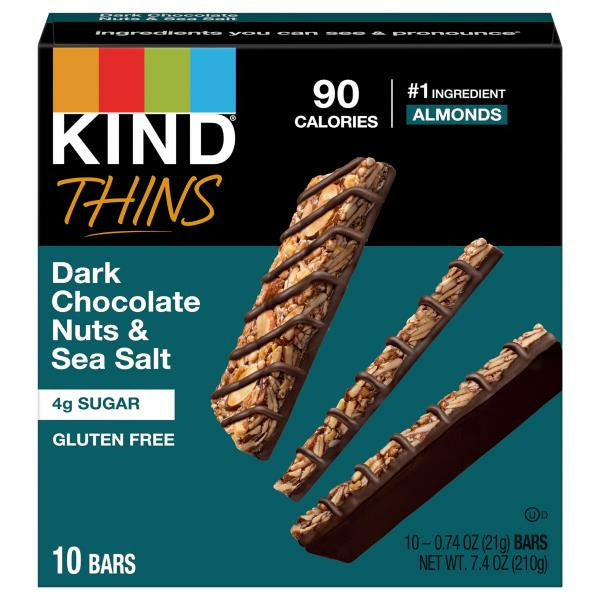 KIND Thins Gluten Free Dark Chocolate Nuts & Sea Salt Snack Bars, 10 Count