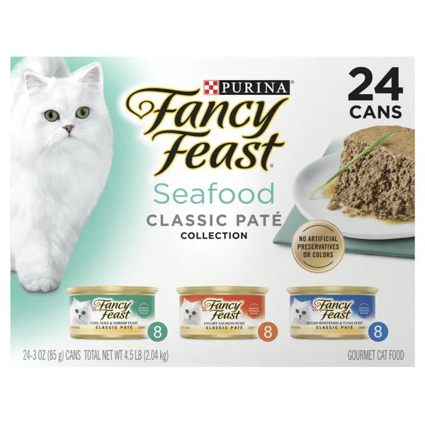 Purina Fancy Feast Seafood Classic Pate Collection Grain Free Wet Cat Food, 3 oz, 24 count