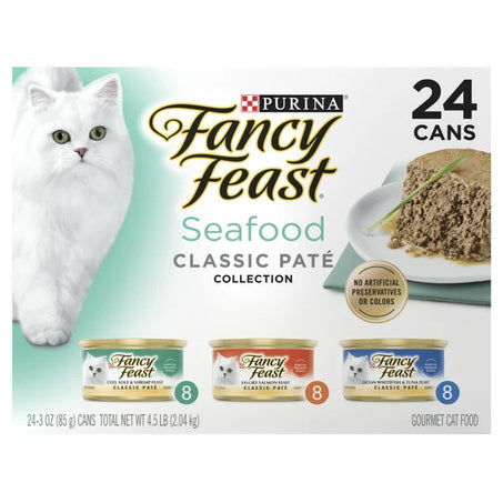 Purina Fancy Feast Seafood Classic Pate Collection Grain Free Wet Cat Food, 3 oz, 24 count