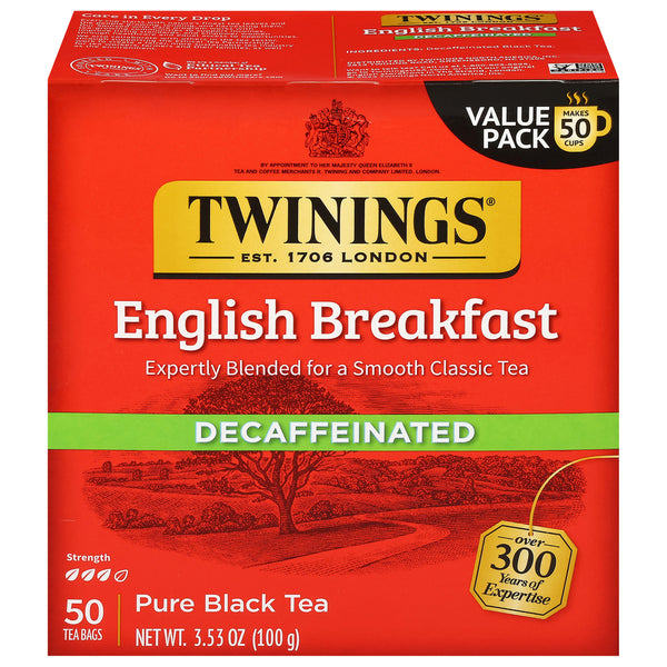 Twinings Black Tea, Pure, English Breakfast, Decaffeinated, Tea Bags, Value Pack 50 ct