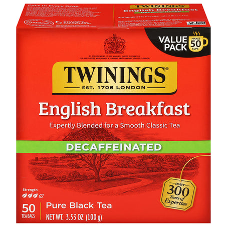 Twinings Black Tea, Pure, English Breakfast, Decaffeinated, Tea Bags, Value Pack 50 ct