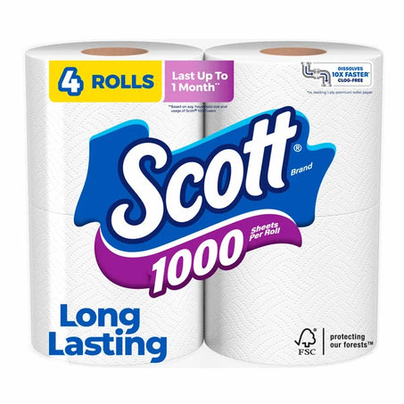 Scott 1000 Toilet Paper, Septic-Safe, Toilet Tissue 4 ct