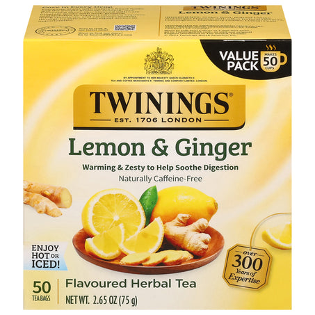 Twinings Flavored Herbal Tea, Lemon & Ginger, Bags, Value Pack 50 ct