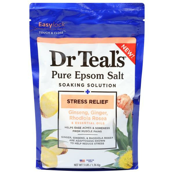 Dr Teal’s Pure Epsom Salt, Ginseng, Ginger, Rhodiola Rosea, Stress Relief 3 lb