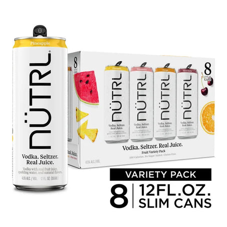 NUTRL Vodka Hard Seltzer, Real Fruit Juice Variety Pack, Gluten Free, 8 Pack, 12 Fl Oz Slim Cans
