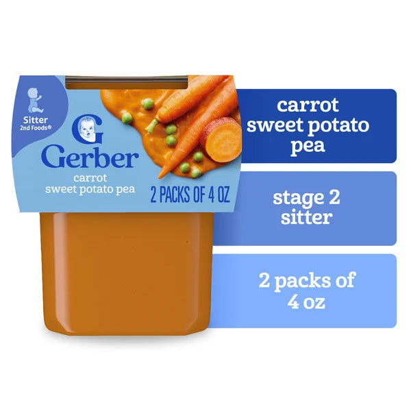 Gerber Stage 2 Baby Food Carrot Sweet Potato Pea Puree Tubs Baby Puree 4 oz • 2 x 4 oz