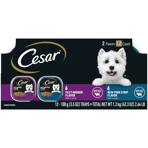 Cesar Filets in Gravy Soft Wet Dog Food, Filet Mignon & New York Strip Variety Pack