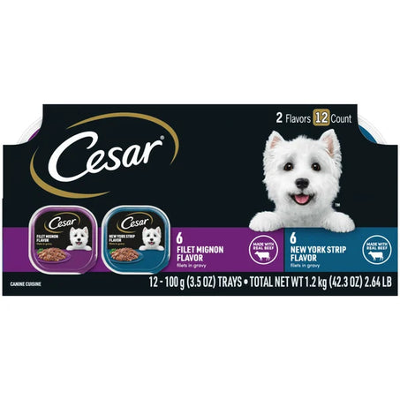 Cesar Filets in Gravy Soft Wet Dog Food, Filet Mignon & New York Strip Variety Pack
