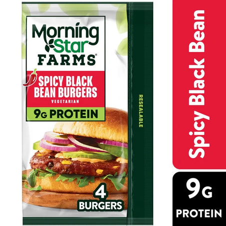 Morning Star Farms Veggie Burgers Spicy Black Bean, Vegetarian Meat, 9.5 oz, 4 Count