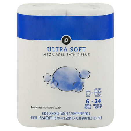 Publix Bath Tissue, Mega Roll, Ultra Soft, Two-Ply 6 ct