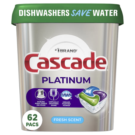 Cascade Platinum Dishwasher Detergent Pods, Fresh 62 ct