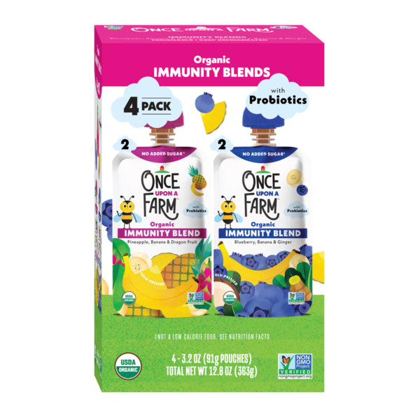 Once Upon a Farm Immunity Blend Pineapple, Banana & Dragon Fruit/Blueberry, Banana, & Ginger, 4 Pack
