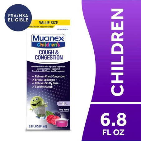Mucinex Congestion & Cough, Kid's Congestion & Cough Liquid, Berrylicious, Value Size 6.8 fl oz - Green Basket Marco Island