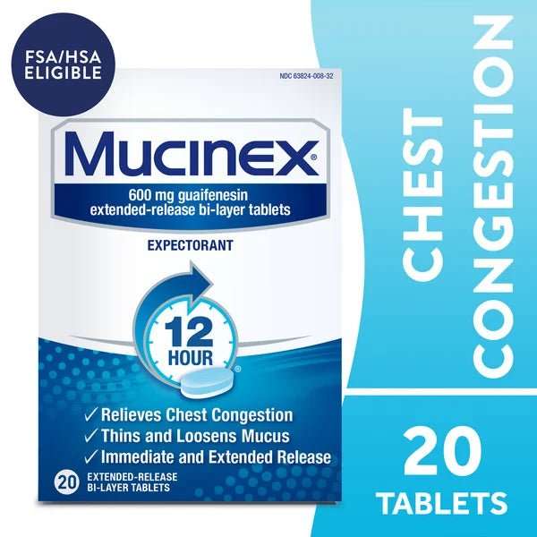 Mucinex Expectorant 12 Hour Extended Release Tablets, 600 mg Guaifenesin 20 ct - Green Basket Marco Island
