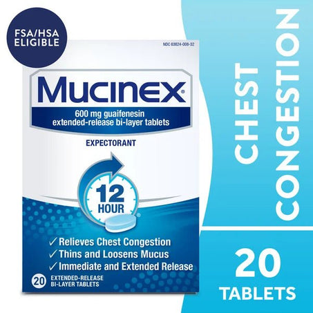 Mucinex Expectorant 12 Hour Extended Release Tablets, 600 mg Guaifenesin 20 ct - Green Basket Marco Island