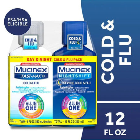 Mucinex Fast - Max Cold & Flu & Nightshift Severe Cold & Flu All - in - 1 Multi - Symptom Relief 6 fl oz • 2 x 6 fl oz - Green Basket Marco Island