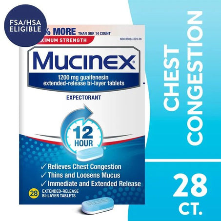 Mucinex Maximum Strength 12 Hour Extended Release Tablets, 1200 mg, Chest Congestion 28 oz - Green Basket Marco Island