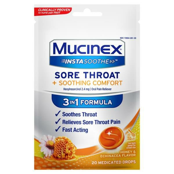 Mucinex Sore Throat Drops, Soothing Comfort, Honey & Echinacea Flavor 20 ct - Green Basket Marco Island