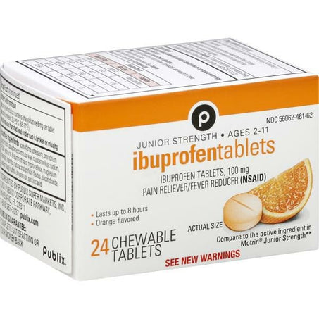 Publix Ibuprofen, Junior Strength, Orange Flavored, Chewable Tablets 24 each - Green Basket Marco Island