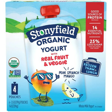 Stonyfield Organic Whole Milk Yogurt Pouches Pear Spinach Mango 3.5 oz • 4 x 3.5 oz - Green Basket Marco Island