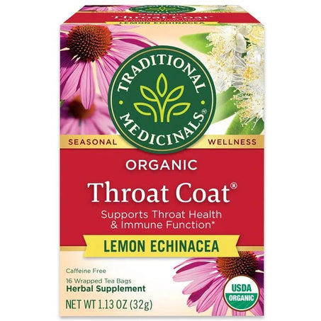 Traditional Medicinals Organic Throat Coat Lemon Echinacea, Caffeine Free Herbal Tea 16 ct - Green Basket Marco Island