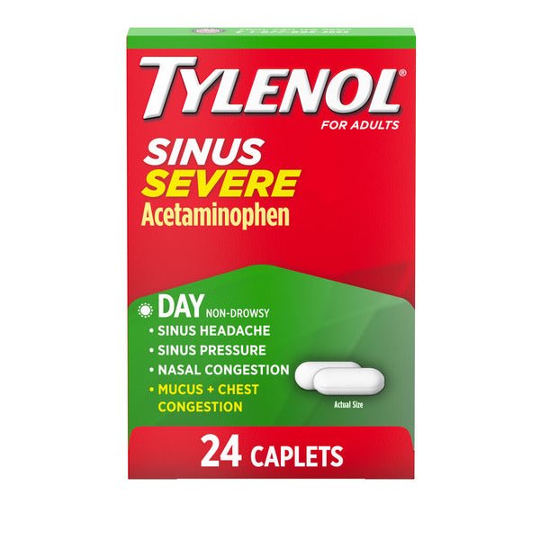 TYLENOL Sinus Severe Daytime Cold & Flu Relief Medicine Caplets, Non - Drowsy Pain Reliever, Fever Reducer Expectorant & Decongestant 24 ct - Green Basket Marco Island