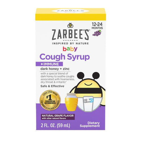 Zarbee’s Baby Honey Cough Syrup + Immune for Babies 12 - 24 Months, Safe & Effective Cough Syrup with Soothing Dark Honey & Zinc for Immune Support*, Drug & Alcohol - Free, Grape, 2 fl. oz - Green Basket Marco Island