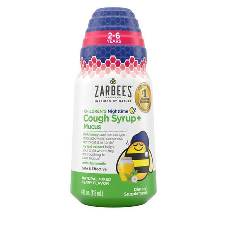 Zarbee’s Children's Nighttime Honey Cough Syrup + Mucus for Kids 2+ + Dark Honey, Ivy Leaf, & Calming Chamomile*Drug & Alcohol - Free, Mixed Berry, 4 fl. oz - Green Basket Marco Island