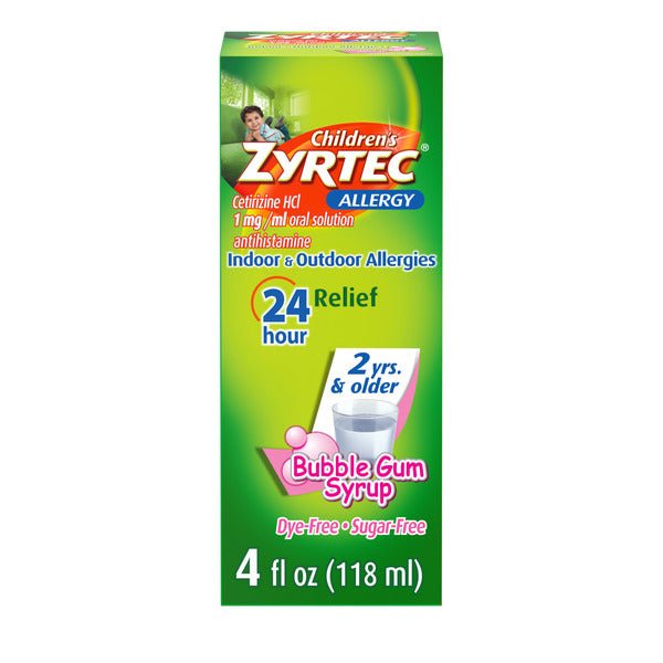 ZYRTEC 24 Hour Allergy Relief Syrup, 5 mg Cetirizine HCl Antihistamine, Kids Allergy Medicine for Indoor & Outdoor Allergy Relief, Dye - Free & Sugar - Free, Bubble Gum, 4 fl. oz - Green Basket Marco Island